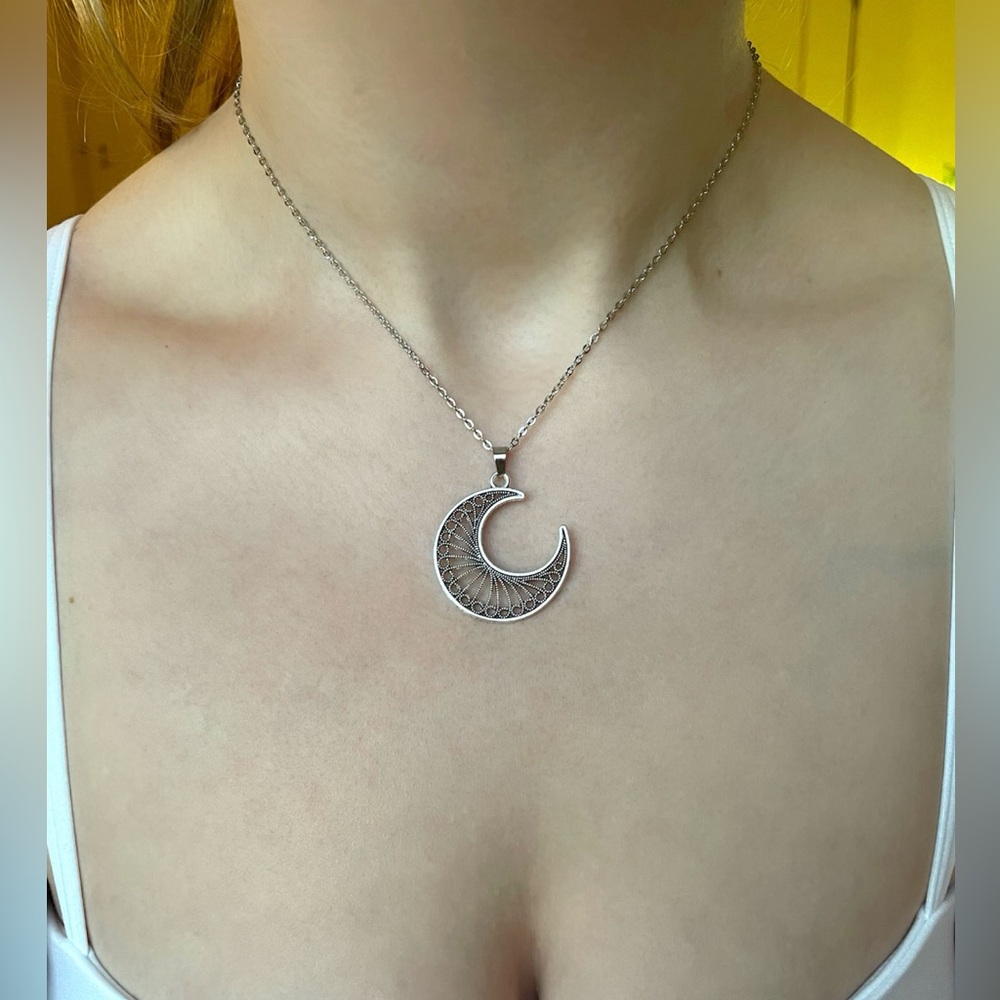 Large Silver Crescent Moon Pendant Necklace